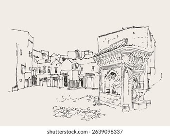 Vector hand drawn sketch illustration of Chefchaouen or Chaouen in Morocco.