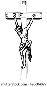 Vector hand drawn sketch illustration of Jesus Christ hanging on the cross. Drawing ink. Isolated.