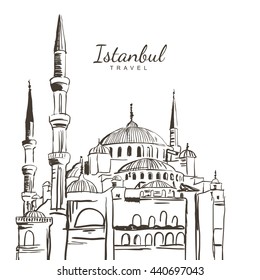 Vector hand drawn sketch illustration of Blue Mosque, Sultanahmet Camii. Istanbul architecture and landmarks, isolated on white background. Design concept for travel around Turkey.