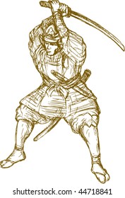 vector hand drawn sketch illustration of a samurai warrior with sword in fighting stance