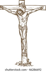 vector hand drawn sketch illustration of Jesus Christ hanging on the cross