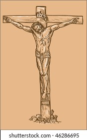 vector hand drawn sketch illustration of Jesus Christ hanging on the cross with white highlights.