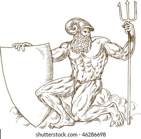 vector hand drawn and sketch illustration of Roman God Neptune or Poseidon with trident and shield isolated on white