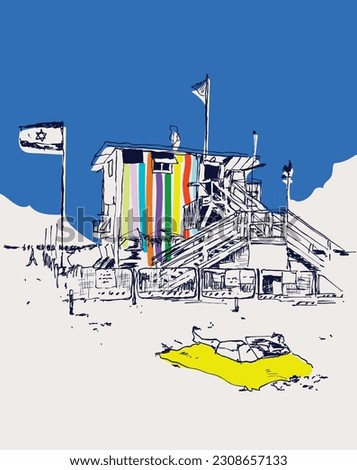 Vector hand drawn sketch illustration of a typical Tel-Avivian lifeguard tower along the Tel Aviv Beach in Israel.
