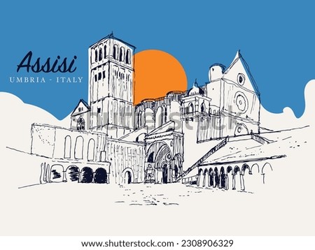 Vector hand drawn sketch illustration of the Basilica of San Francesco in Assisi, Liguria, Umbria, Italy.