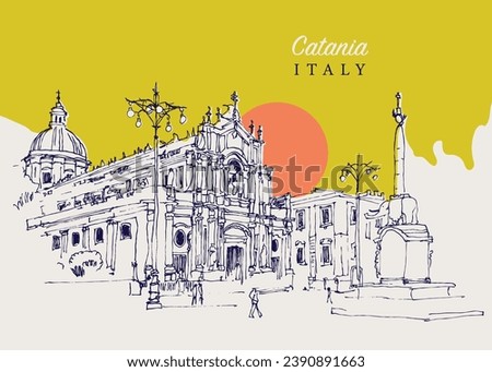 Vector hand drawn sketch illustration of Piazza del Duomo in Catania, Sicily, Italy.