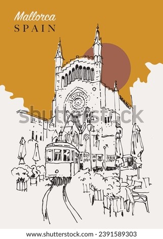 Vector hand drawn sketch illustration of a tram passing by the cathedral in Mallorca, Spain. Foto d'archivio © 