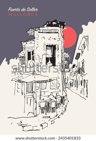 Vector hand drawn sketch illustration of Puerto de Soller in Mallorca, Spain