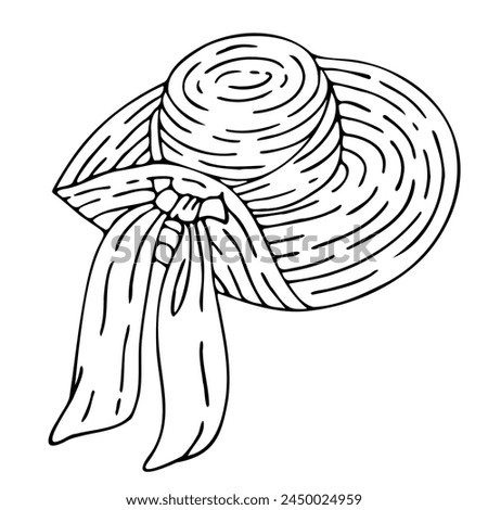 Vector Hand Drawn Sketch Illustration Fashionable straw hat with wide flaps, summer vacation attribute, isolated on white background. Doodle floppy straw hat symbol of summer vacation.