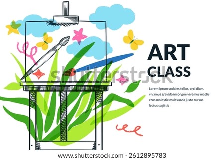 Vector hand drawn sketch illustration of wooden art easel, growing green plants and clouds. Kids creative craft class concept. Art supplies store colorful banner poster design template