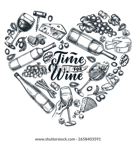 Vector hand drawn sketch illustration of wine bottle, glass, grapes, and cheese in heart shape. Design elements composition for packaging, invitations, romantic gourmet prints