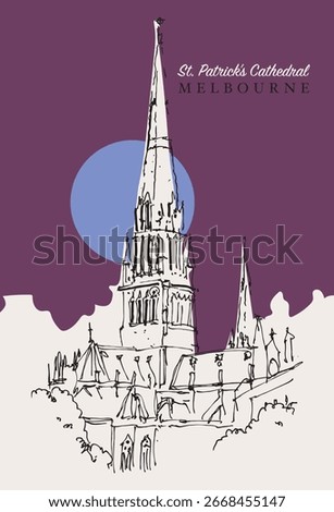 Vector hand drawn sketch illustration of the St. Patrick's Cathedral in Melbourne, Victoria, Australia.
