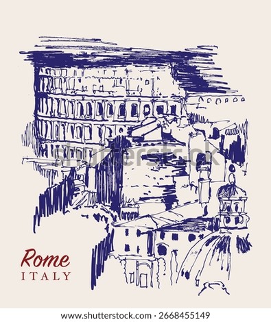 Vector hand drawn sketch illustration of a panoramic view of Rome and the Colosseum