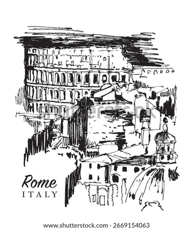 Vector hand drawn sketch illustration of a panoramic view of Rome and the Colosseum