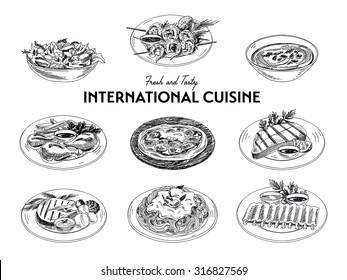 Vector hand drawn sketch international cuisine set. Restaurant food. Retro illustration.