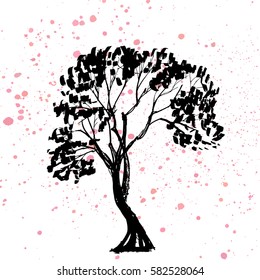 a vector hand drawn sketch of an isolated tree with ink spots imitating flying spring petals