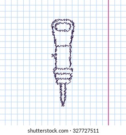 Vector hand drawn sketch jackhammer icon on copybook. Doodle style . Industrial equipment 