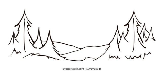 Vector Hand drawn  sketch landscape with hills and pine. Line design.