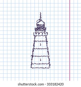 Vector hand drawn sketch lighthouse icon on copybook. Doodle style 