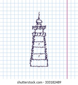 Vector hand drawn sketch lighthouse icon on copybook. Doodle style 