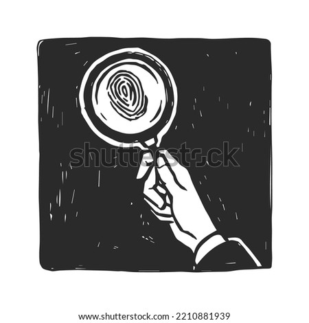 Vector hand drawn sketch of hand with magnifying glass. Illustration in frame with private detective looking for clues with a loupe.