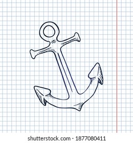 Vector Hand Drawn Sketch Marine Boat Anchor on Checkered Paper