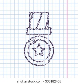 Vector hand drawn sketch medal icon on copybook. Doodle style . Winner award 