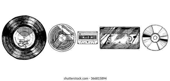 Vector hand drawn sketch of media evolution set in ink hand drawn style. Vinyl record, tape reel, compact tape cassette, VHS and CD. isolated on white.