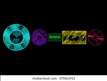 Vector hand drawn sketch of media evolution set in ink hand drawn style. Vinyl record, tape reel, compact tape cassette, VHS and compact disc. 