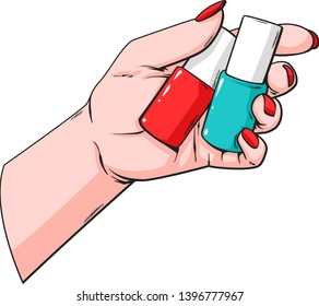 Vector hand drawn sketch of hand with nail polish, vector illustration isolated on white background