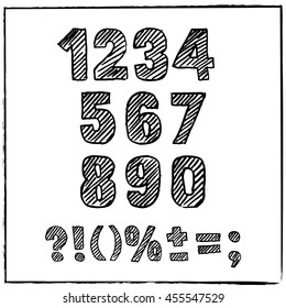 Vector hand drawn sketch numbers and signs. Ink scratched font. Hatching black numeral, isolated on white background. Arabic numerals 0, 1, 2, 3, 4, 5, 6, 7, 8 9