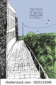 Vector hand drawn sketch of an old street with stone pavement and chairs near city park or garden, perspective view in outline style