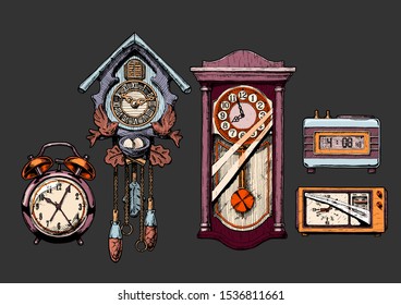 Vector dibujado a mano boceto de relojes antiguos en tinta dibujado a mano estilo. Alarma, cuco, péndulo, alarma digital y radio reloj. 