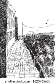 Vector hand drawn sketch of an old street with stone pavement and chairs near city park or garden, perspective view in outline style