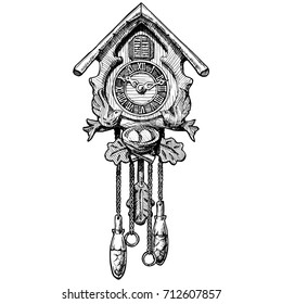 Vector hand drawn sketch of old Cuckoo clock. Black and white illustration. isolated on white.