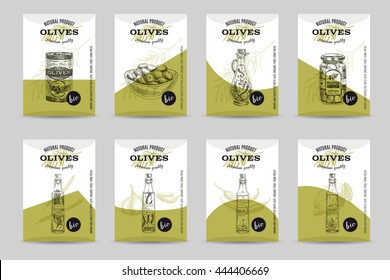 Vector hand drawn sketch olives posters set. Eco foods.Vector Olive oil  illustrations. 