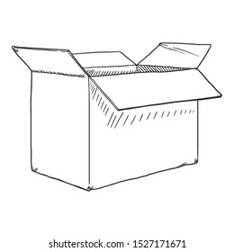 Hand-drawn vector drawing of an Open Cardboard Box. Black-and