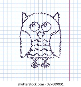 Vector hand drawn sketch owl icon on copybook. Doodle style 