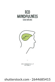 Vector hand drawn sketch of person profile with green leaf as a sing of eco mindfulness. Environmentally friendly planet  concept. 