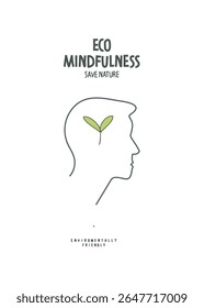 Vector hand drawn sketch of person profile with green sprout as a sing of eco mindfulness. Environmentally friendly planet concept.	
