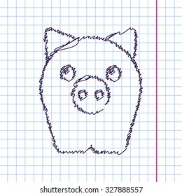 Vector hand drawn sketch pig icon on copybook. Doodle style 