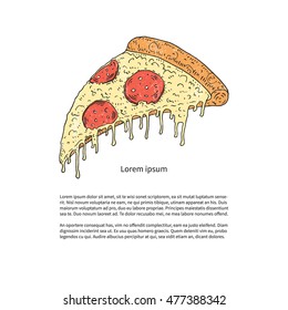 Vector hand drawn sketch of pizza pepperoni with melting cheese. Melted cheese on the top