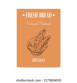 Vector hand drawn sketch poster of wicker basket with baguettes. Bread illustration.  Icons and elements for print, labels, packaging.