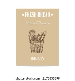 Afiche de boceto dibujado a mano por vectores de la canasta cuadrada de mimbre con baguettes. Ilustración de pan.  Iconos y elementos para impresión, etiquetas, empaque.