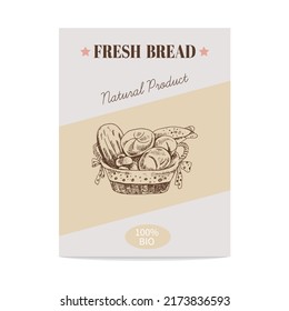 Vector hand drawn sketch poster of wicker basket with bread. Bread illustration.  Icons and elements for print, labels, packaging.