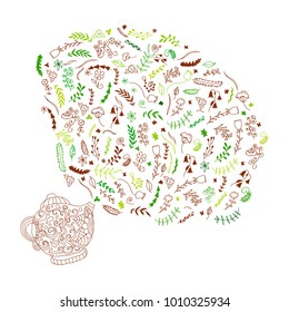 Vector hand drawn sketch with a pot with flowers imitated the green tea. Food and drink, textile, printed goods, stickers for public places, decoration and design element.