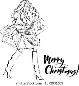 Vector hand drawn sketch of pretty fashion young woman with long hair  making christmas shopping. Bags , pockets, lettering "merry christmas!" Linear elements for holiday design of card, poster,banner