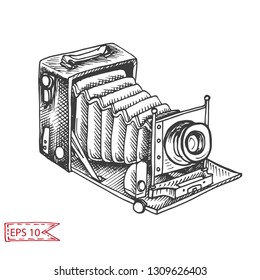 Vector hand drawn sketch Professional SLR camera, photocamera.