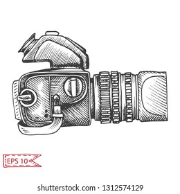 Vector hand drawn sketch Professional SLR camera, photocamera.