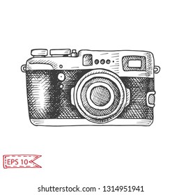 Vector hand drawn sketch Professional SLR camera, photocamera.